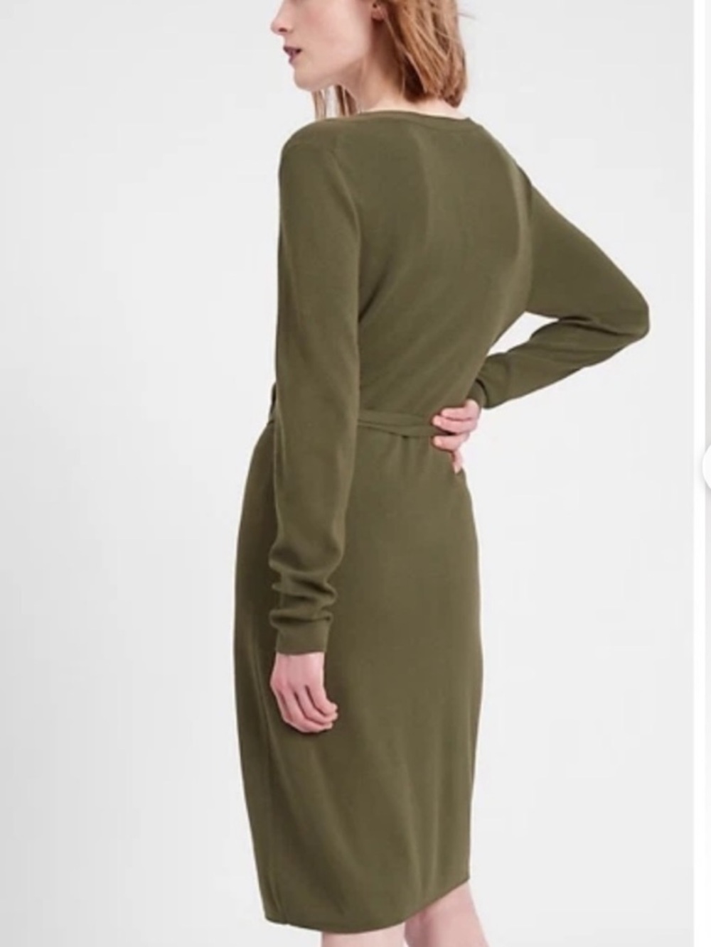 Medium Banana Republic Olive Green Long-Sleeve Knit Wrap Dress with Waist Tie